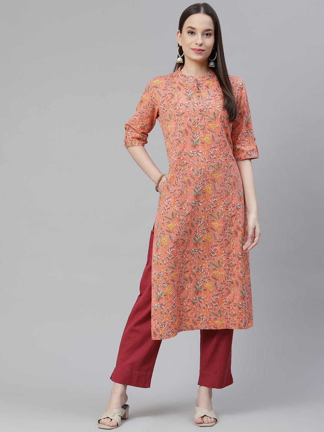 Divena Pink Printed Cotton Straight Kurta - divena world