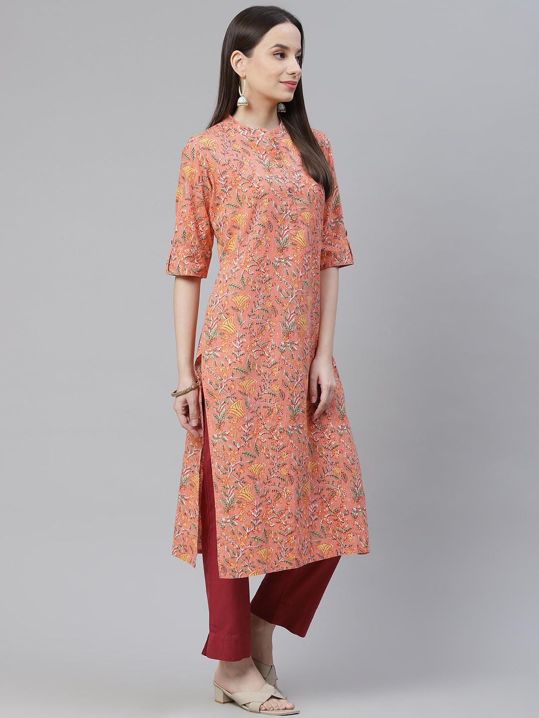 Divena Pink Printed Cotton Straight Kurta - divena world