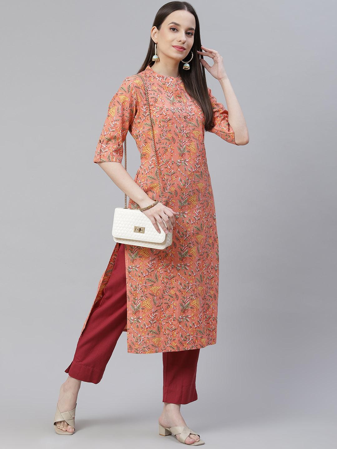 Divena Pink Printed Cotton Straight Kurta - divena world