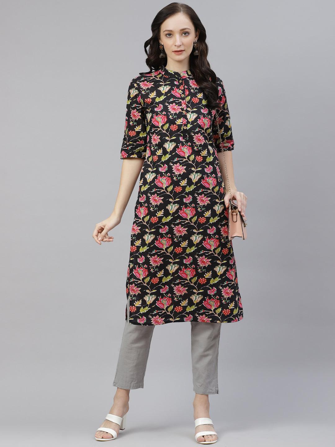 Divena Black Floral Cotton Straight Kurti - divena world