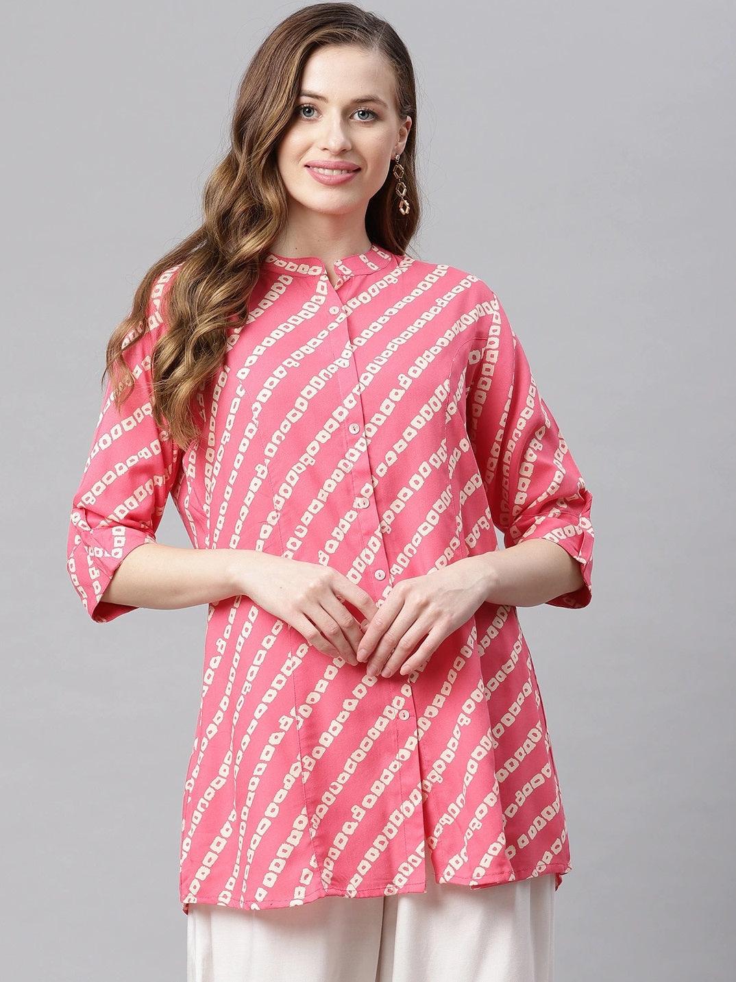 Divena Pink Bandhani Rayon A-line Shirt Style Top - divena world