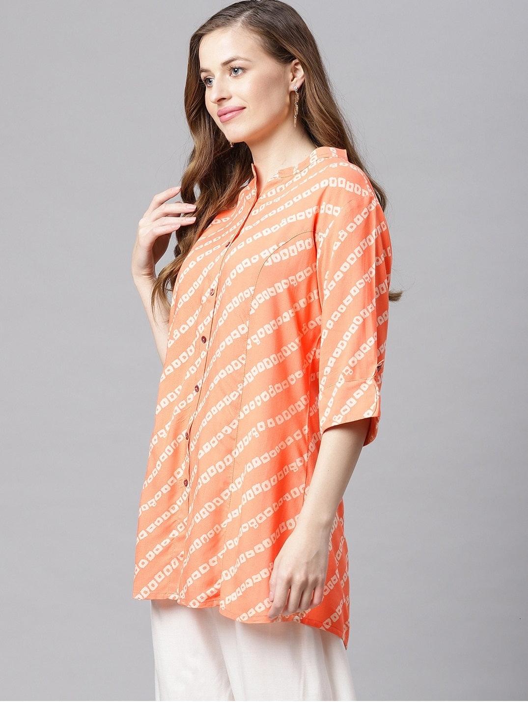 Divena Orange Bandhani Rayon A-line Shirt Style Top - divena world