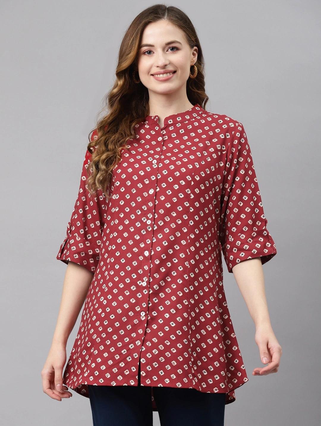 Divena Maroon Bandhani Print Shirt Style A-line Top - divena world