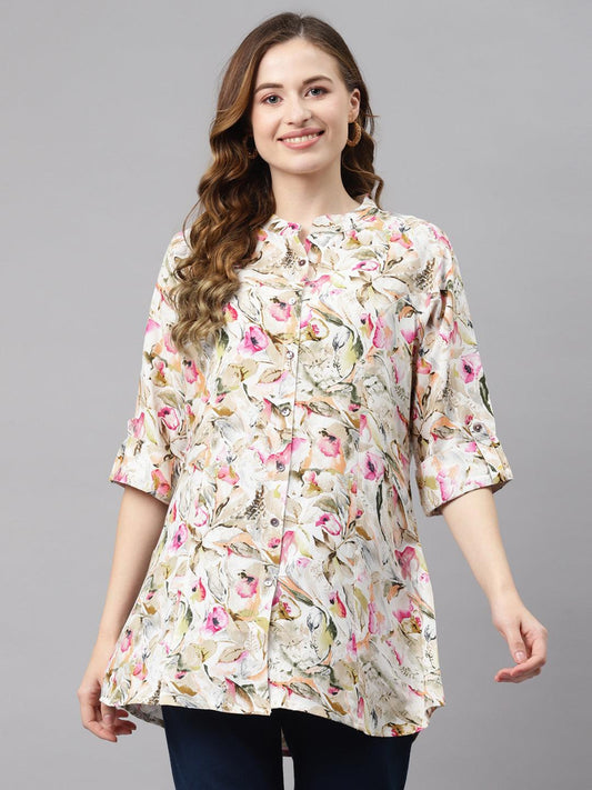 Divena Multi Floral Rayon Shirt Style A-Line Top - divena world