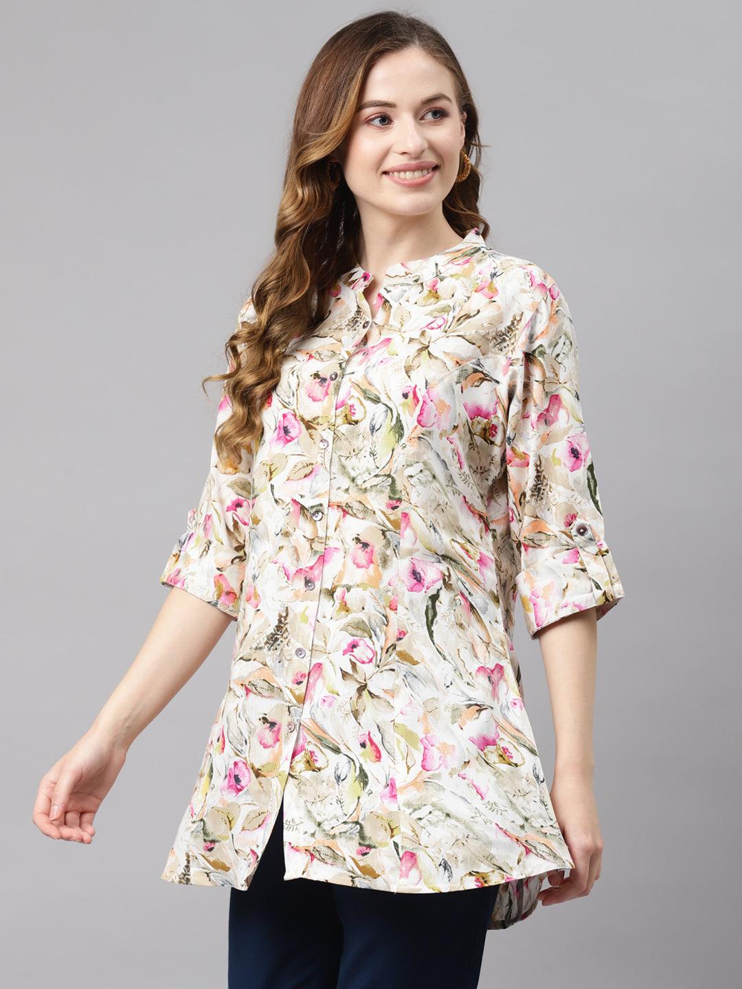 Divena Multi Floral Rayon Shirt Style A-Line Top - divena world