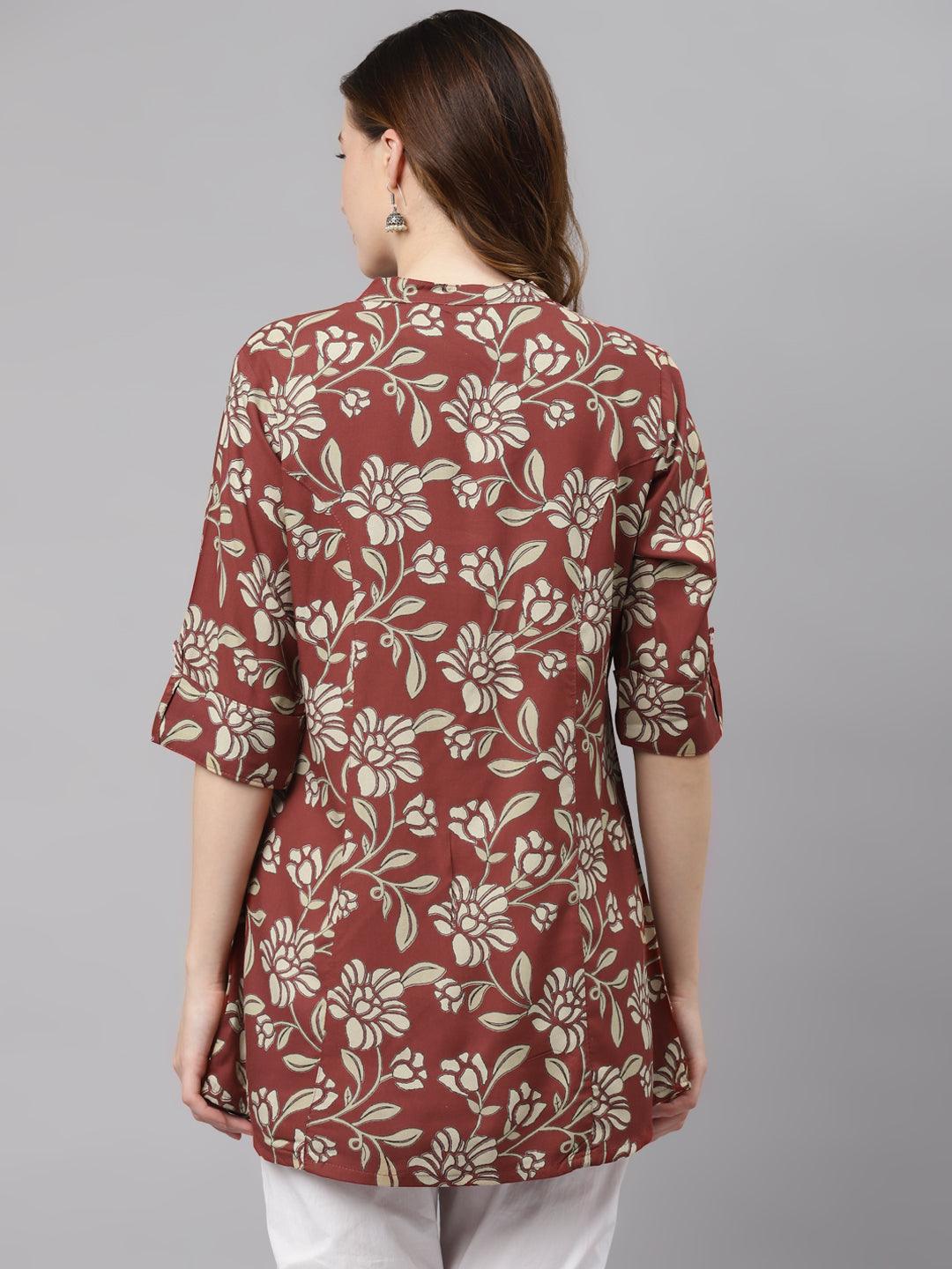 Divena Maroon Floral Rayon Shirt style A-line Top - divena world