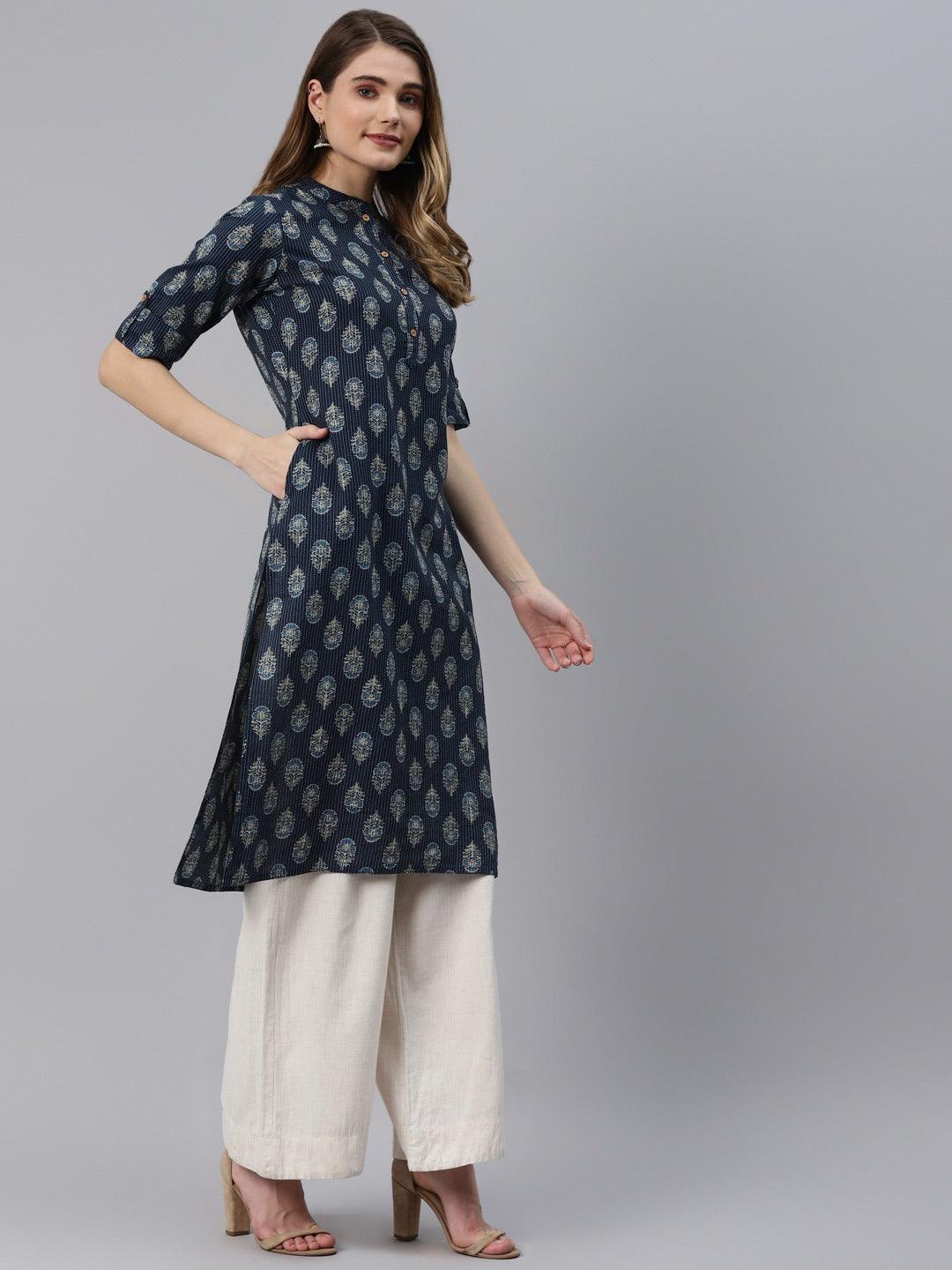 Divena Indigo Blue Cotton Straight Kurta - divena world