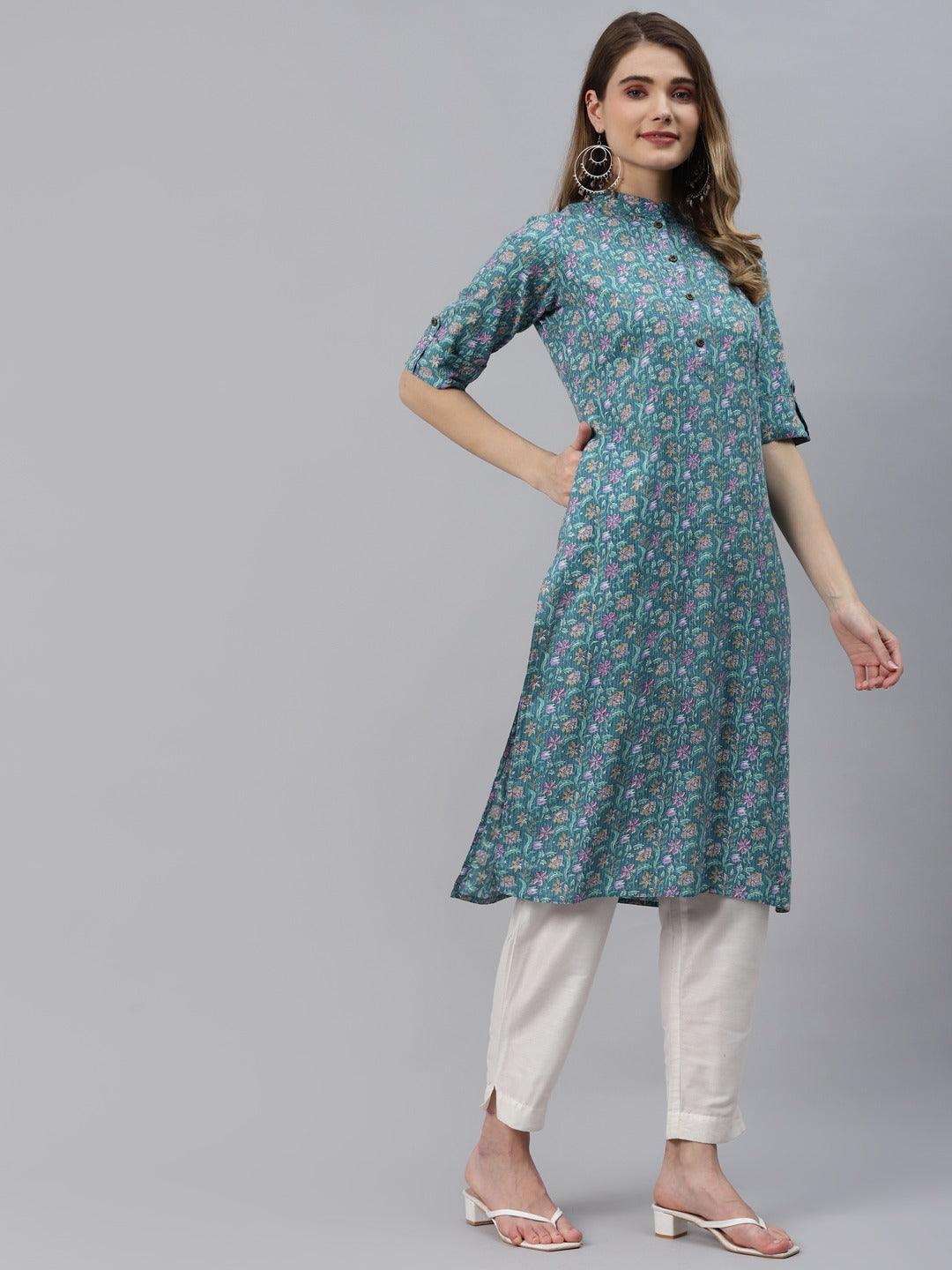 Divena Sea Green Cotton Straight Kurta - divena world