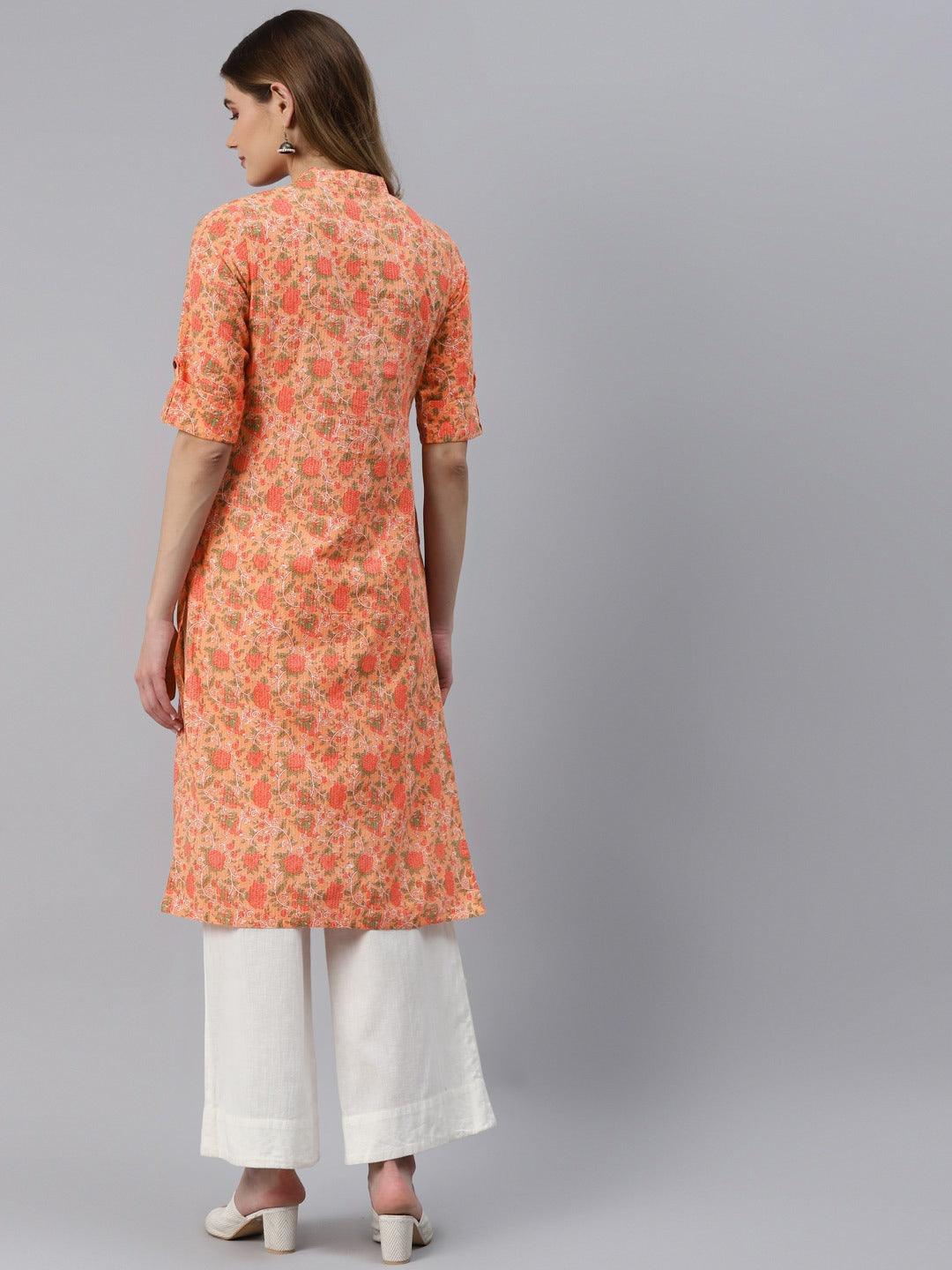 Divena Peach Cotton Straight Kurta - divena world