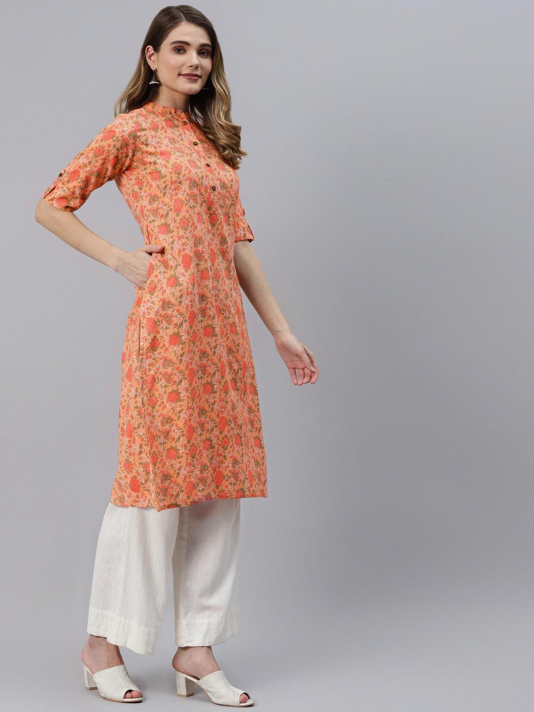 Divena Peach Cotton Straight Kurta - divena world