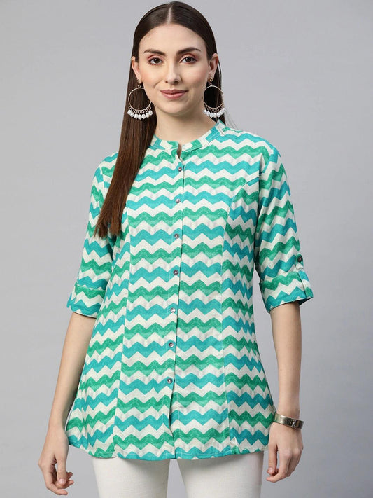 Divena Teal Blue Geomatric Rayon A-line Shirts Style Top - divena world