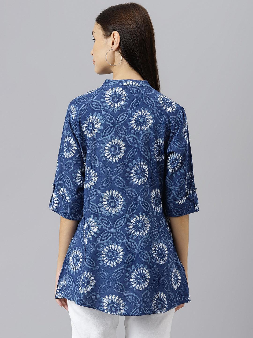 Divena Blue Floral Rayon A-line Shirts Style Top - divenaworld.com