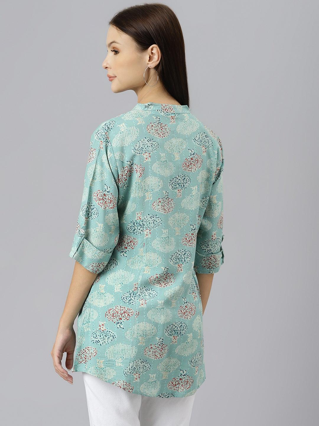 Divena Sea Green Floral Rayon A-line Shirts Style Top - divenaworld.com