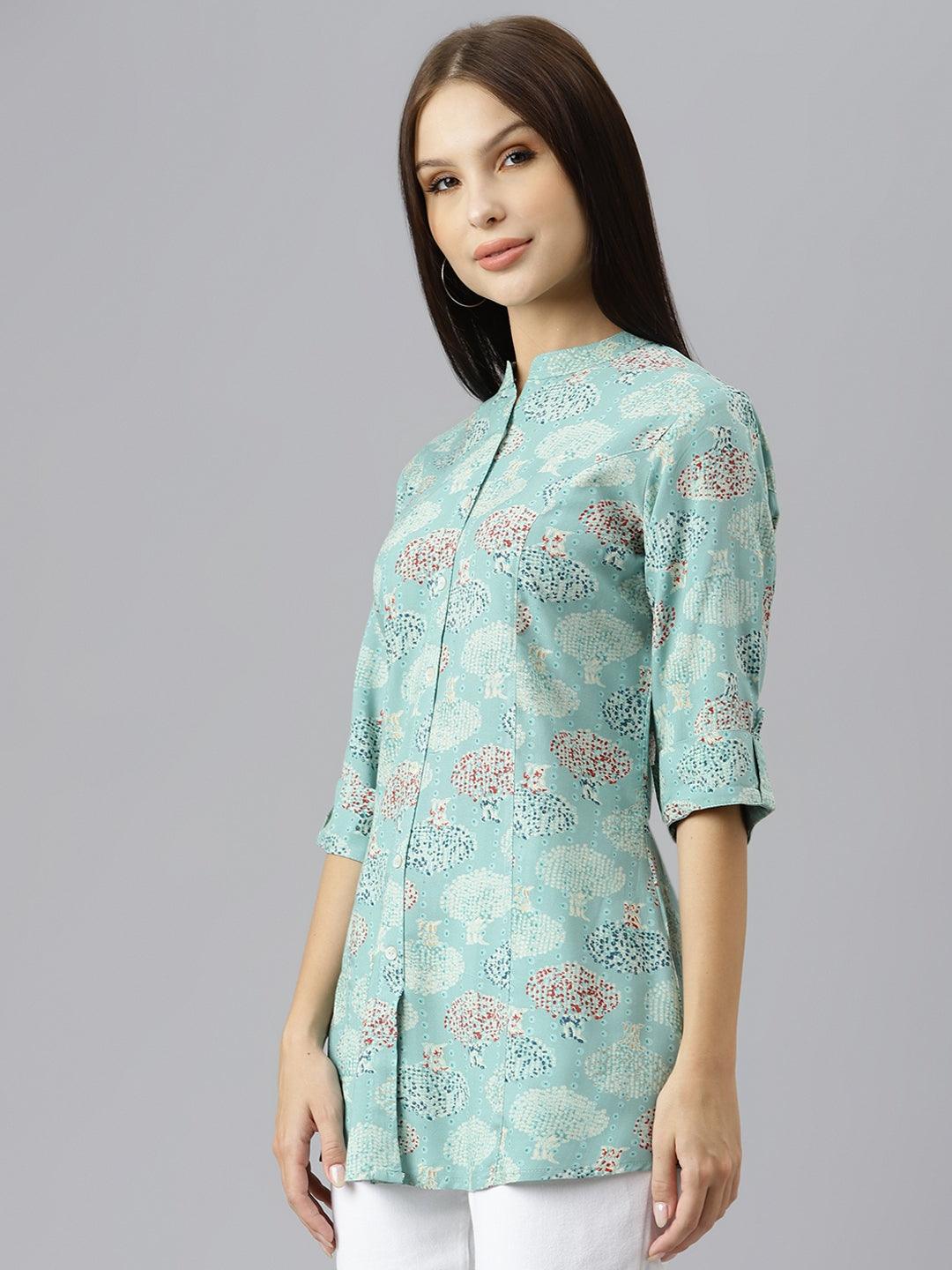 Divena Sea Green Floral Rayon A-line Shirts Style Top - divenaworld.com