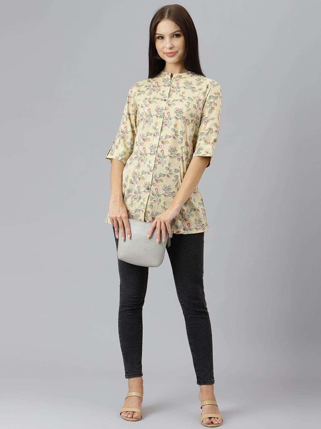 Divena Beige Floral Rayon A-line Shirts Style Top - divenaworld.com