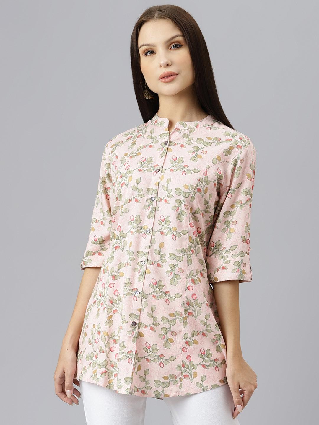 Divena Light Pink Floral Rayon A-line Shirts Style Top - divenaworld.com