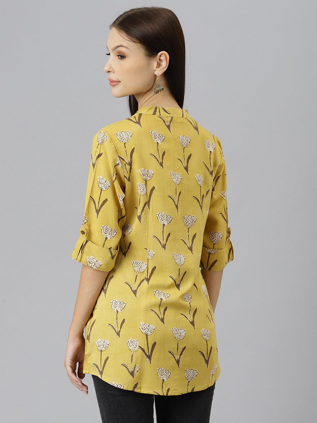 Divena Mustard Floral Rayon A-line Shirts Style Top - divenaworld.com