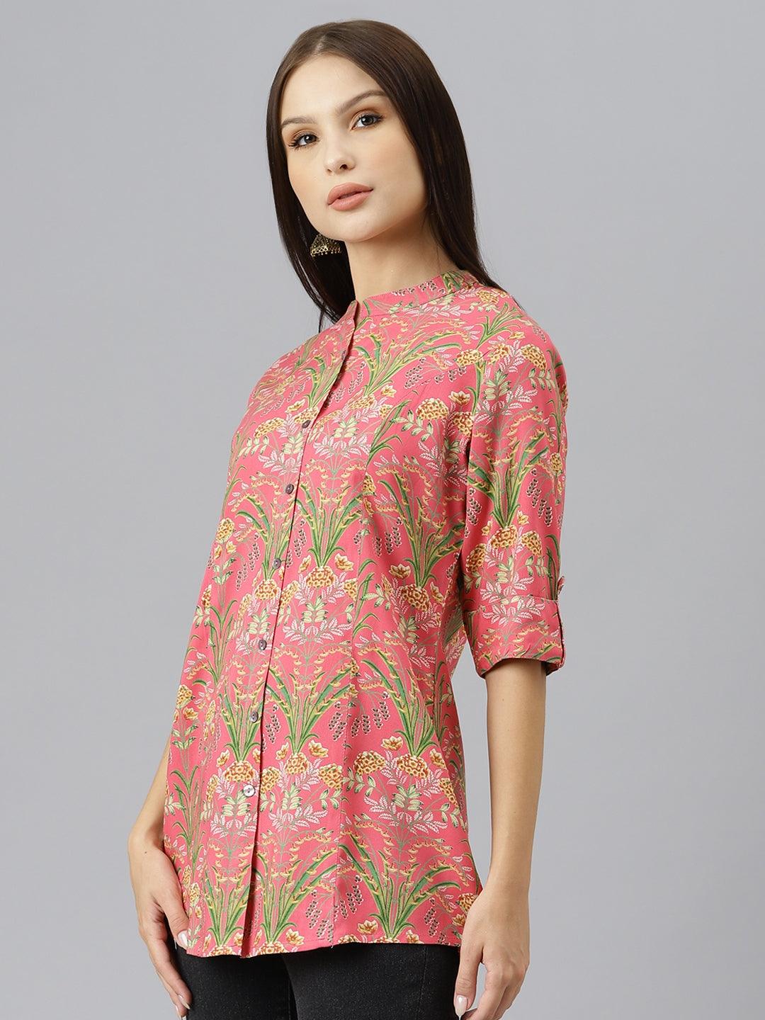 Divena Dark Pink Floral Rayon A-line Shirts Style Top - divenaworld.com