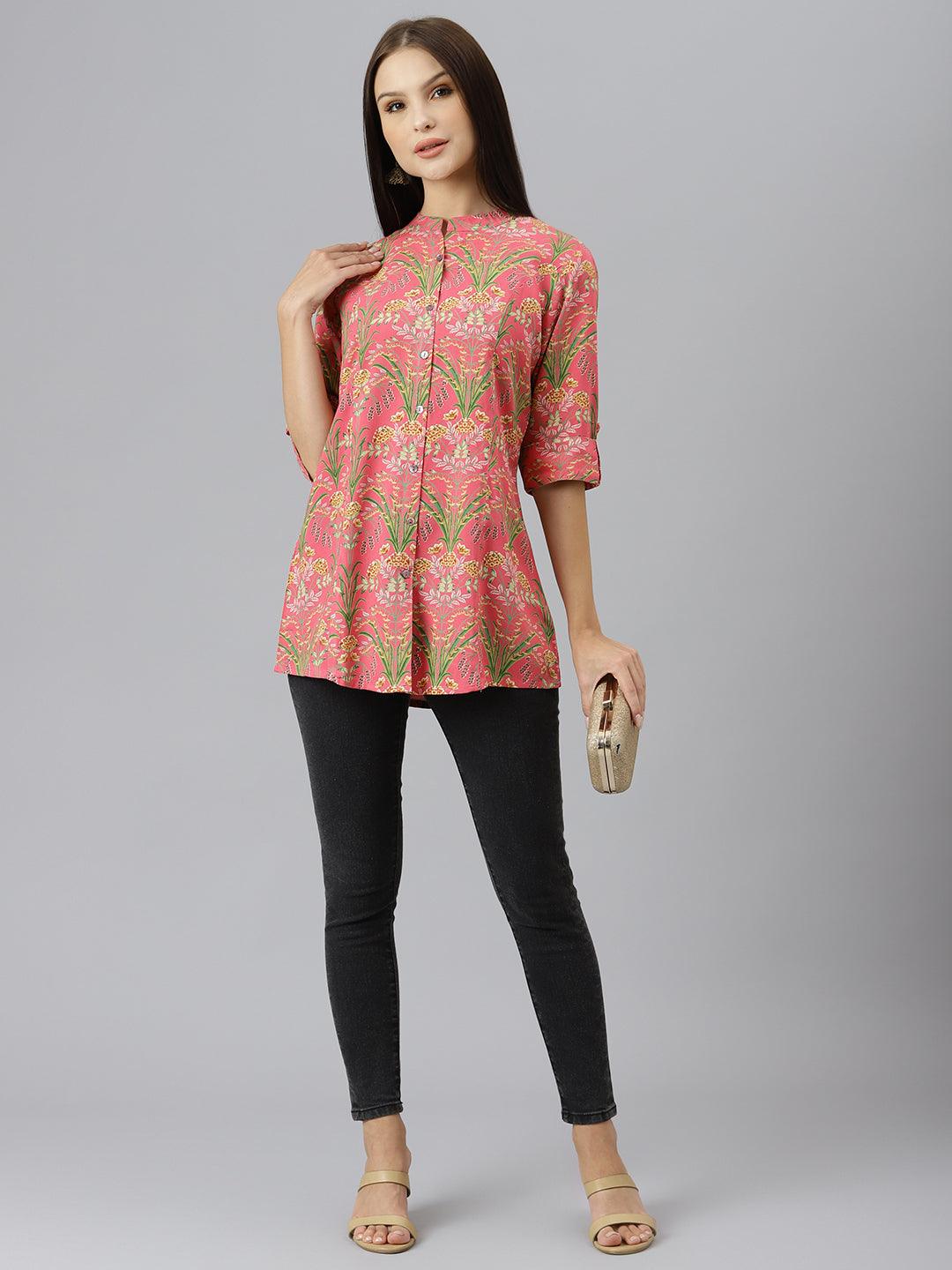 Divena Dark Pink Floral Rayon A-line Shirts Style Top - divenaworld.com