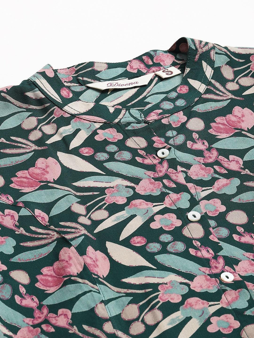 Divena Dark Green Floral Rayon A-line Shirts Style Top - divenaworld.com