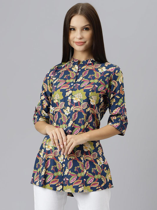 Divena Navy Blue Floral Rayon A-line Shirts Style Top - divena world