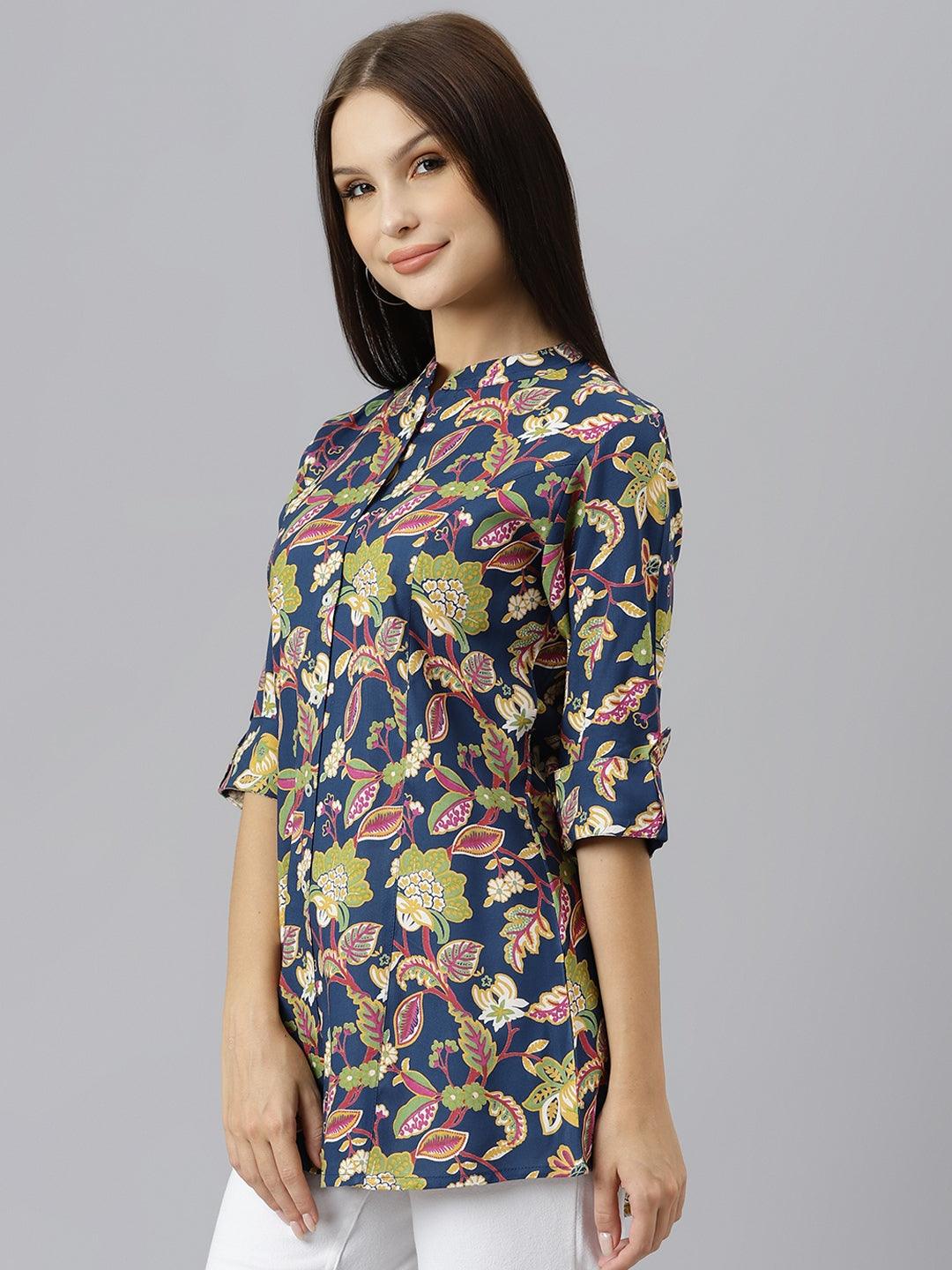 Divena Navy Blue Floral Rayon A-line Shirts Style Top - divena world