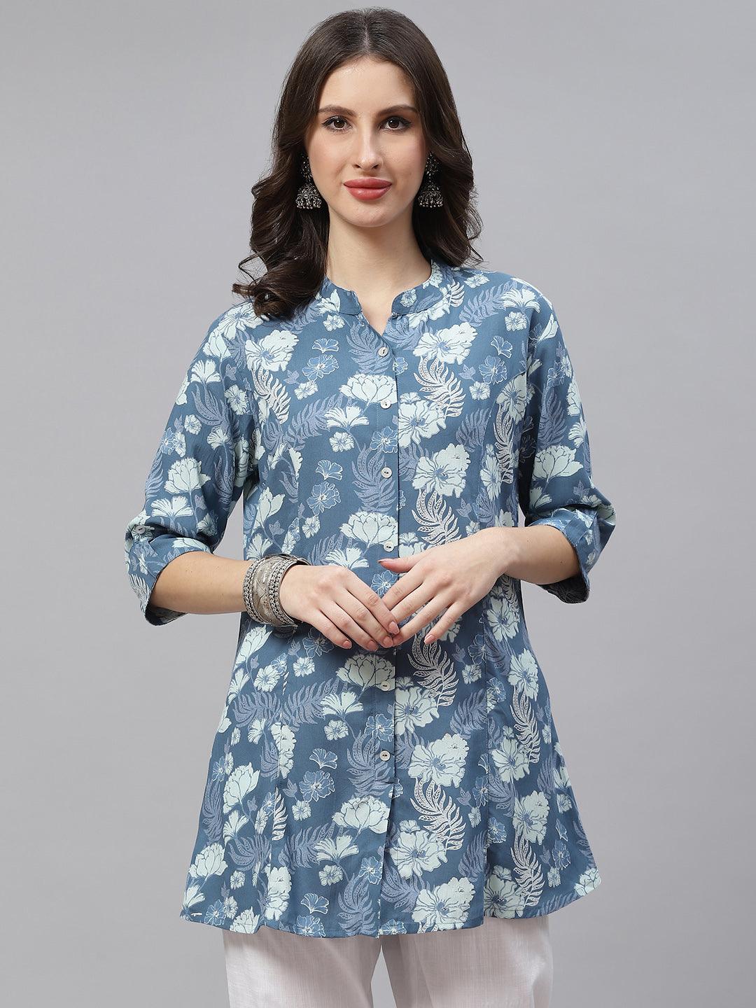 Divena Blue Floral Rayon A-lineTop - divena world