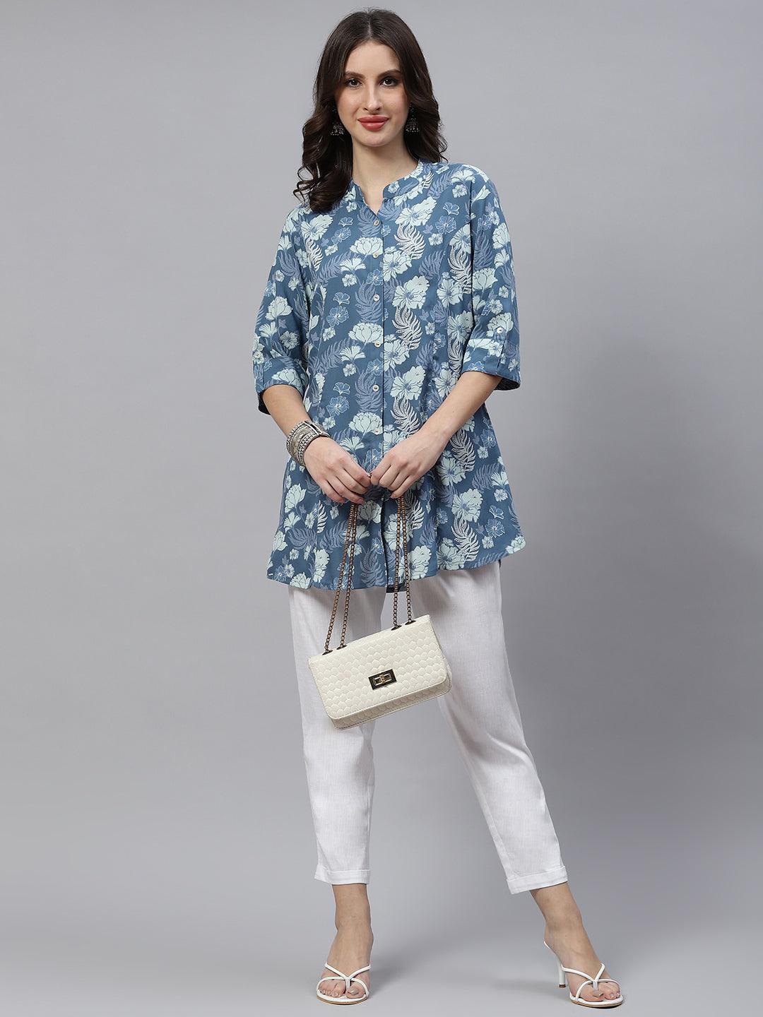 Divena Blue Floral Rayon A-lineTop - divena world