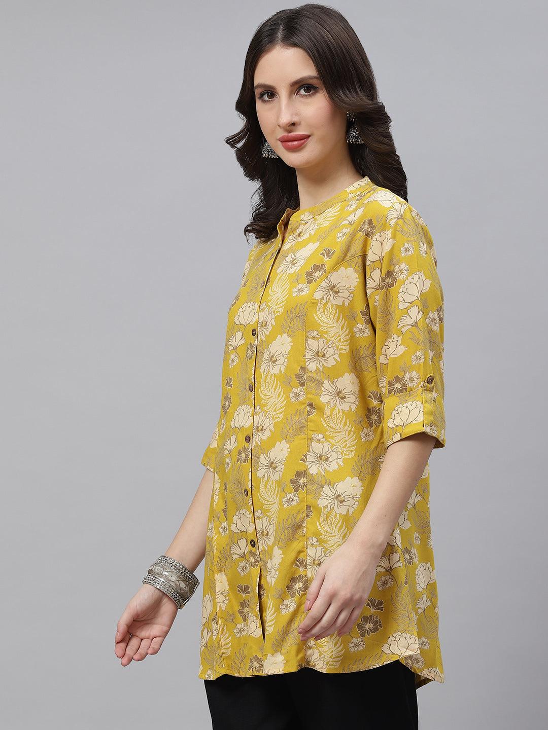 Divena Mustard Floral Rayon A-lineTop - divena world