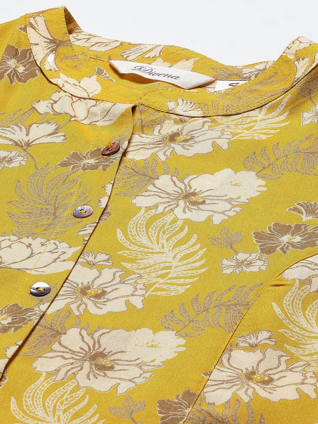 Divena Mustard Floral Rayon A-lineTop - divena world