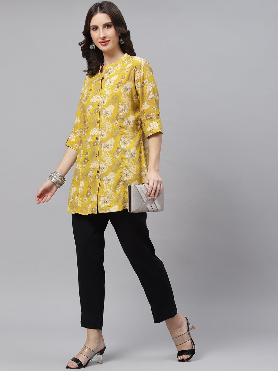 Divena Mustard Floral Rayon A-lineTop - divena world