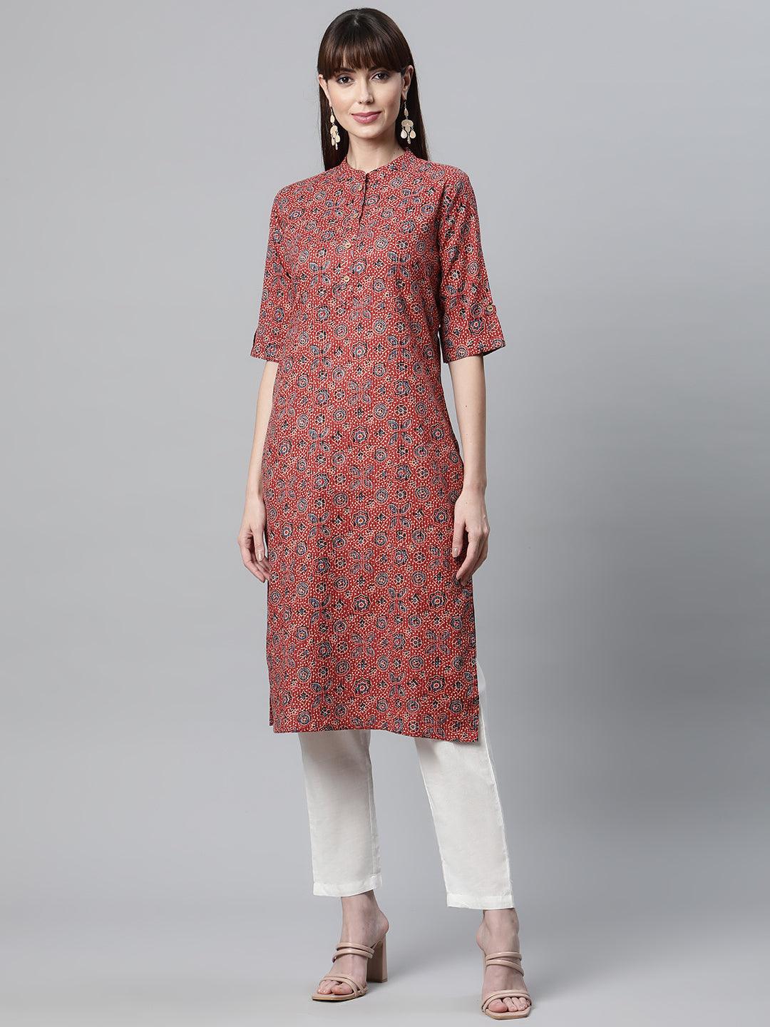 Divena Red and Blue Cotton Straight Kurta - divena world