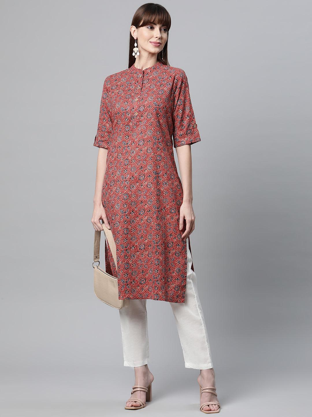 Divena Red and Blue Cotton Straight Kurta - divena world