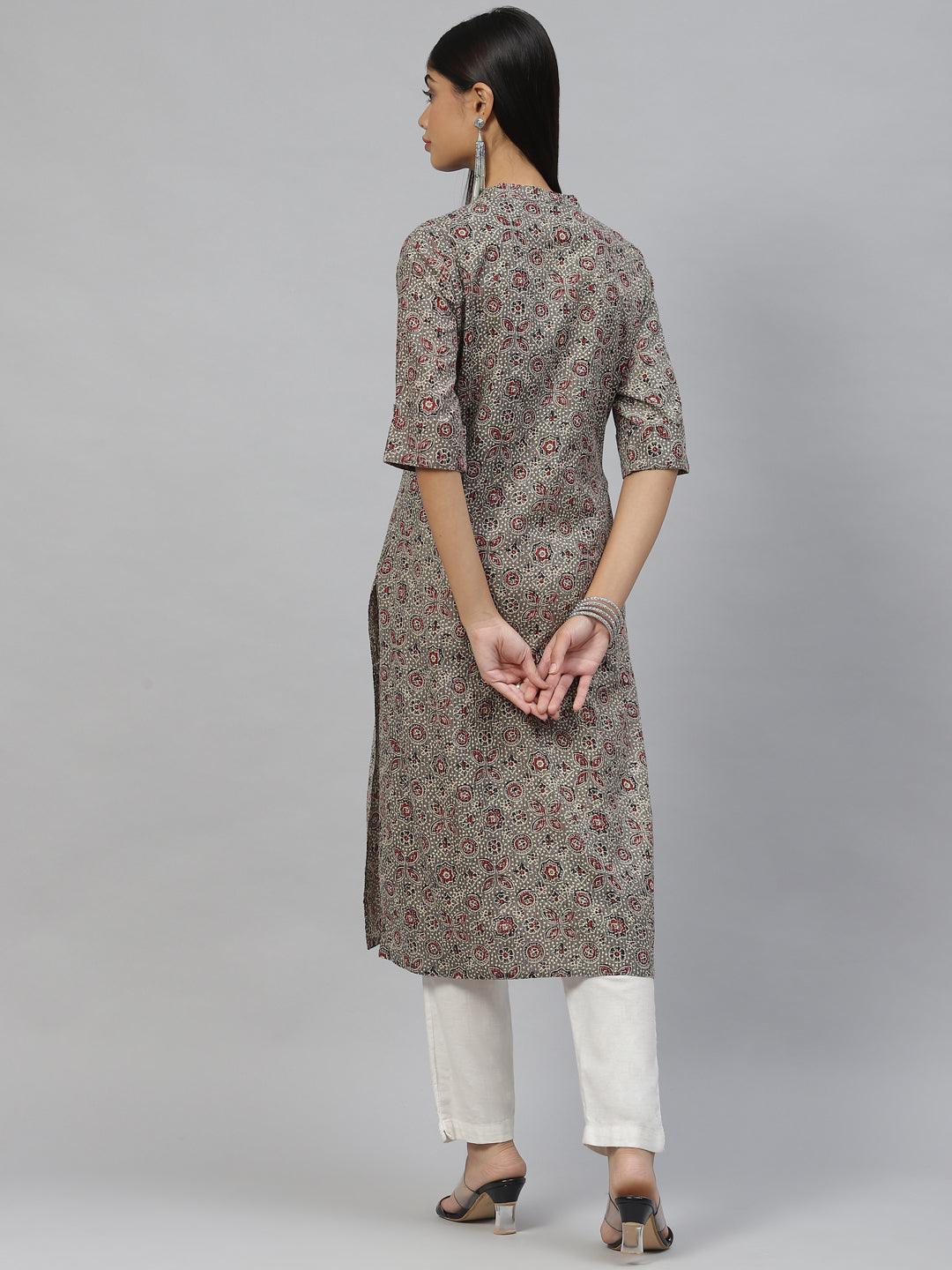 Divena Dark Gray and Maroon Cotton Straight Kurta - divena world