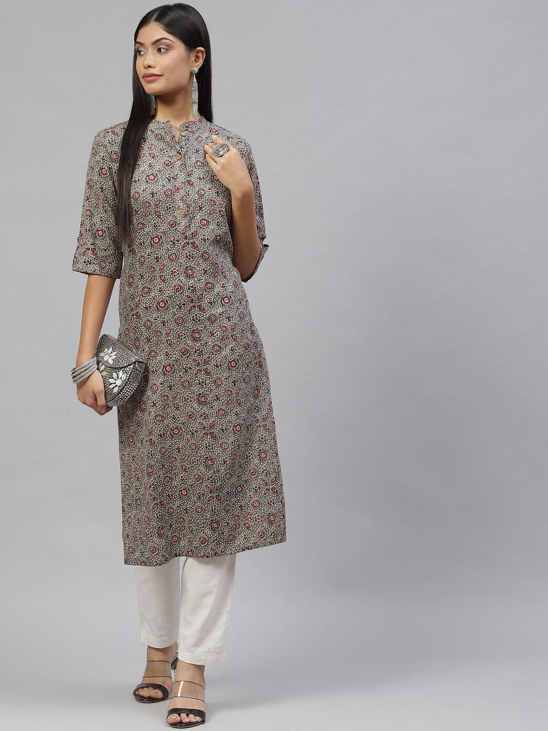 Divena Dark Gray and Maroon Cotton Straight Kurta - divena world