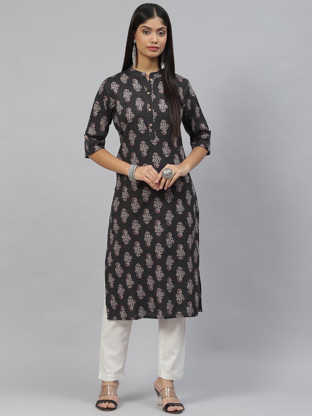 Divena Black and Grey Cotton Straight Kurta - divena world