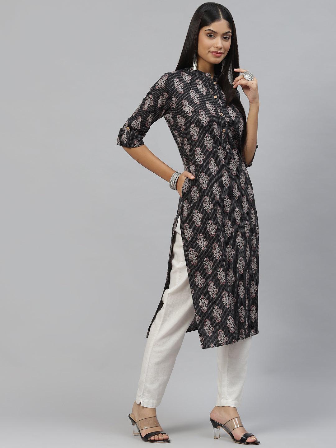 Divena Black and Grey Cotton Straight Kurta - divena world