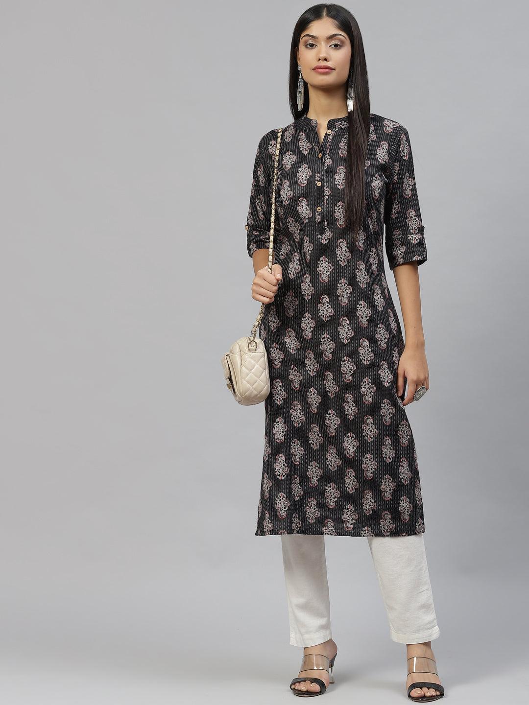 Divena Black and Grey Cotton Straight Kurta - divena world