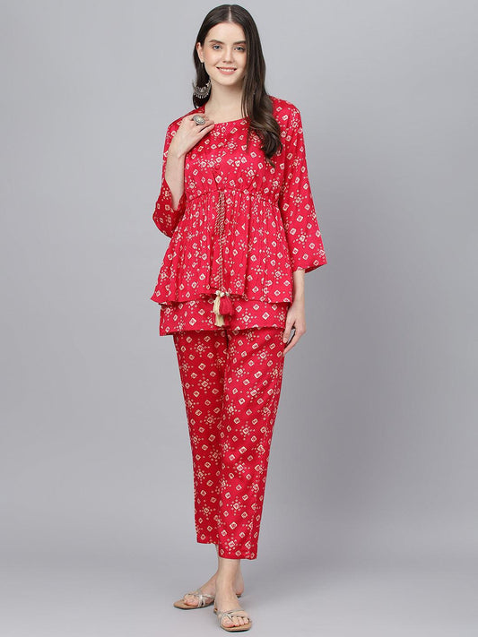 Divena Bandhani Megenta Muslin Three Piece Top Pant Set with Peplum Jecket - divena world