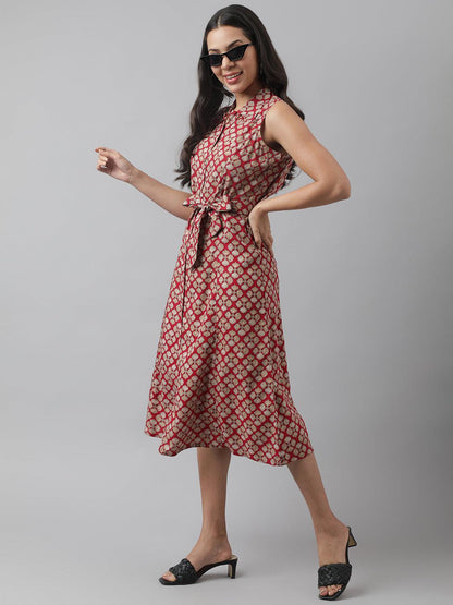 Divena Rayon Maroon A-Line Floral Printed Midi Dress - divena world
