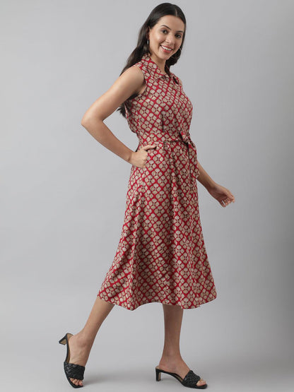 Divena Rayon Maroon A-Line Floral Printed Midi Dress - divena world