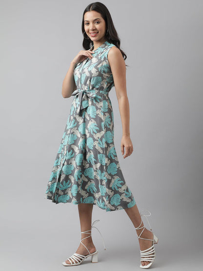 Divena Rayon Grey A-Line Floral Printed Midi Dress - divena world
