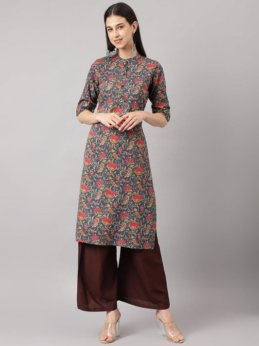 Divena Blue and Red Cotton Katha work Straight Kurta - divena world