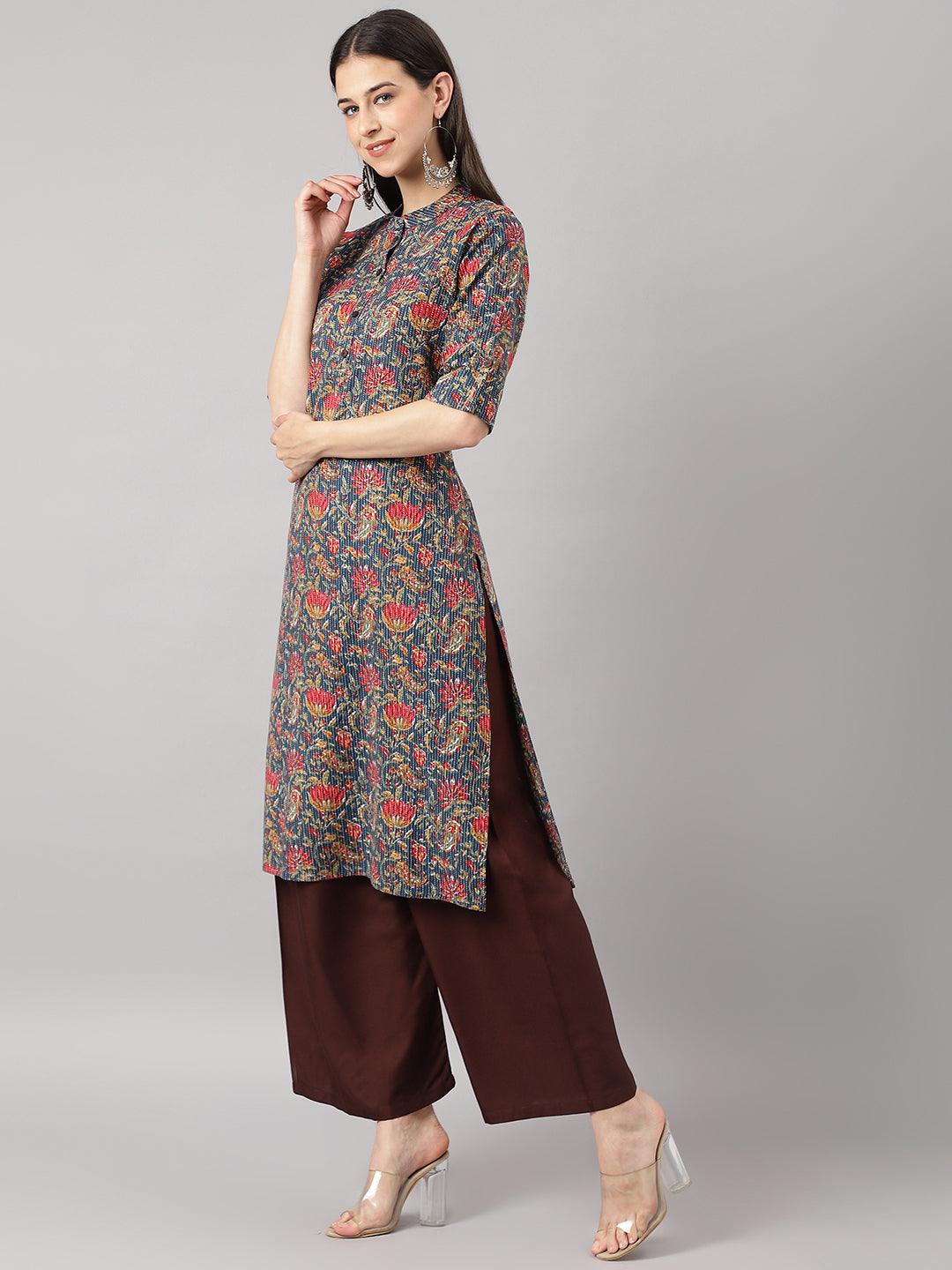 Divena Blue and Red Cotton Katha work Straight Kurta - divena world