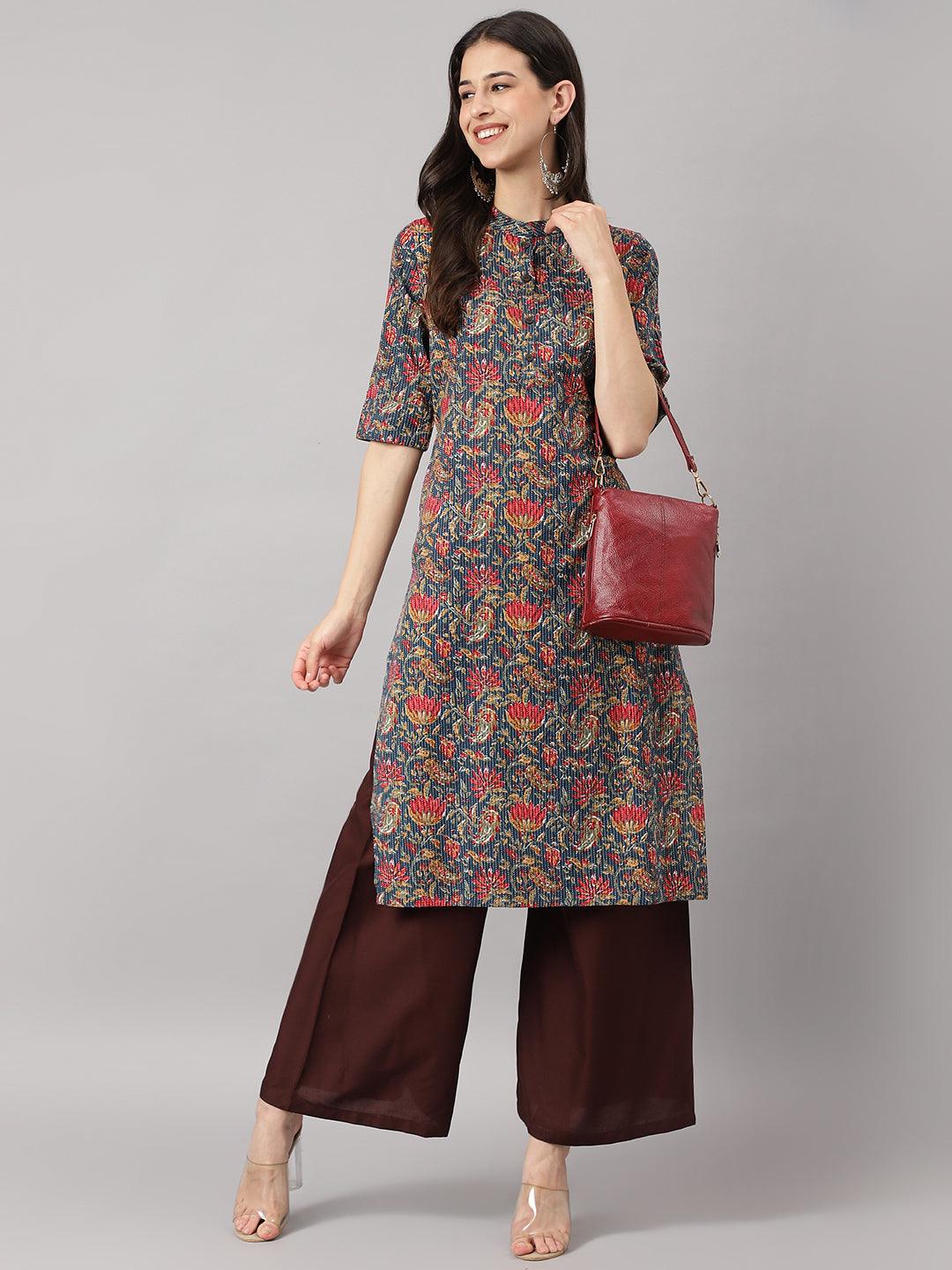 Divena Blue and Red Cotton Katha work Straight Kurta - divena world