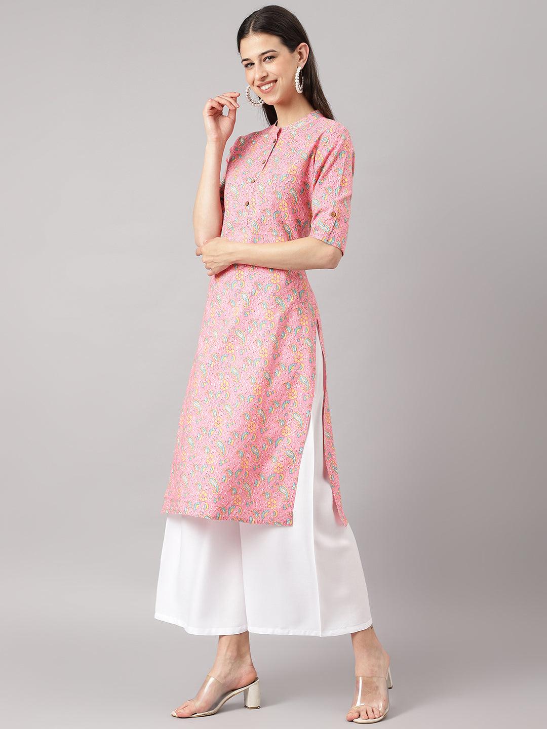 Divena Pink and Green Cotton Katha work Straight Kurta - divena world