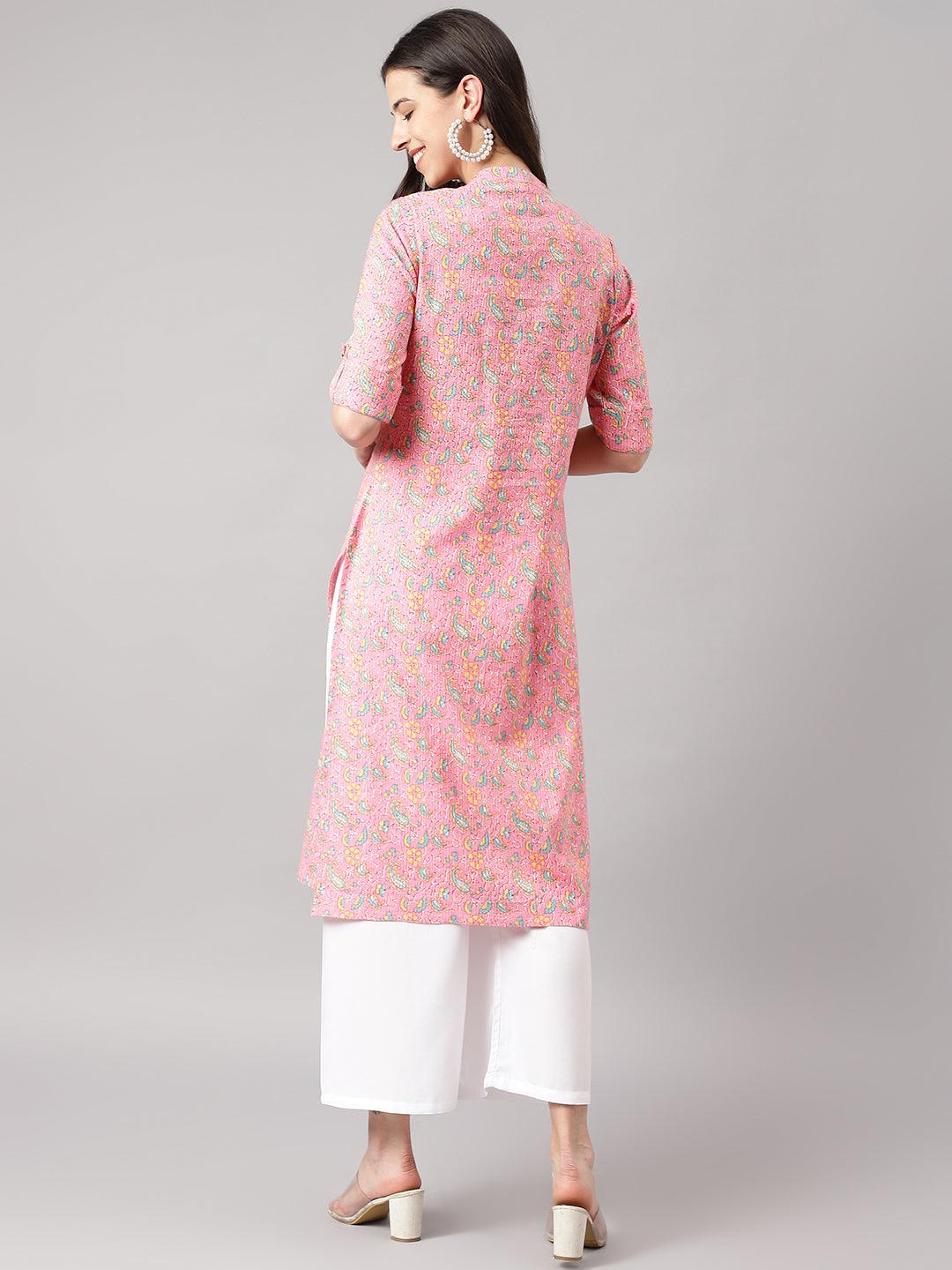 Divena Pink and Green Cotton Katha work Straight Kurta - divena world