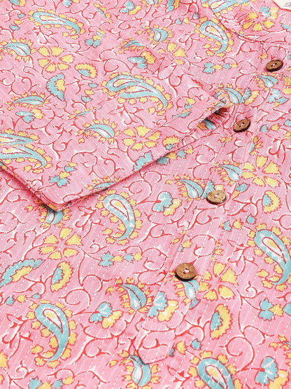 Divena Pink and Green Cotton Katha work Straight Kurta - divena world