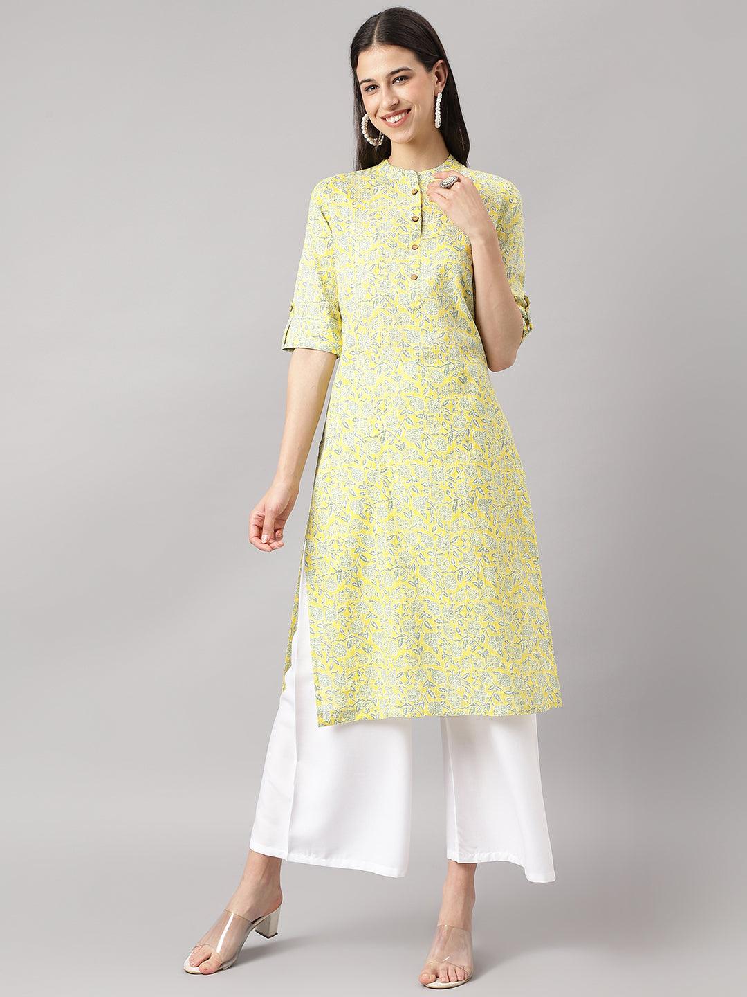 Divena mustard and Gray Cotton Katha work Straight Kurta - divena world