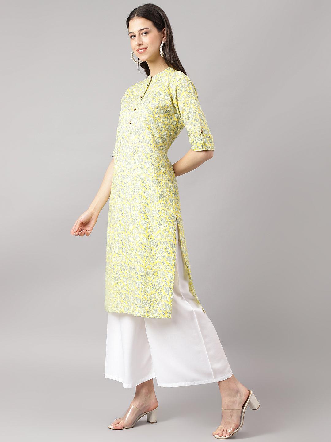 Divena mustard and Gray Cotton Katha work Straight Kurta - divena world